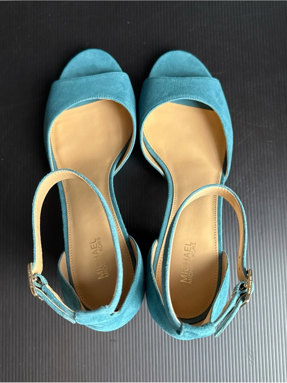 NIB Michael Kors Dark Cyan Suede Lana Mid Strappy Heels Shoes Women’s Size 10